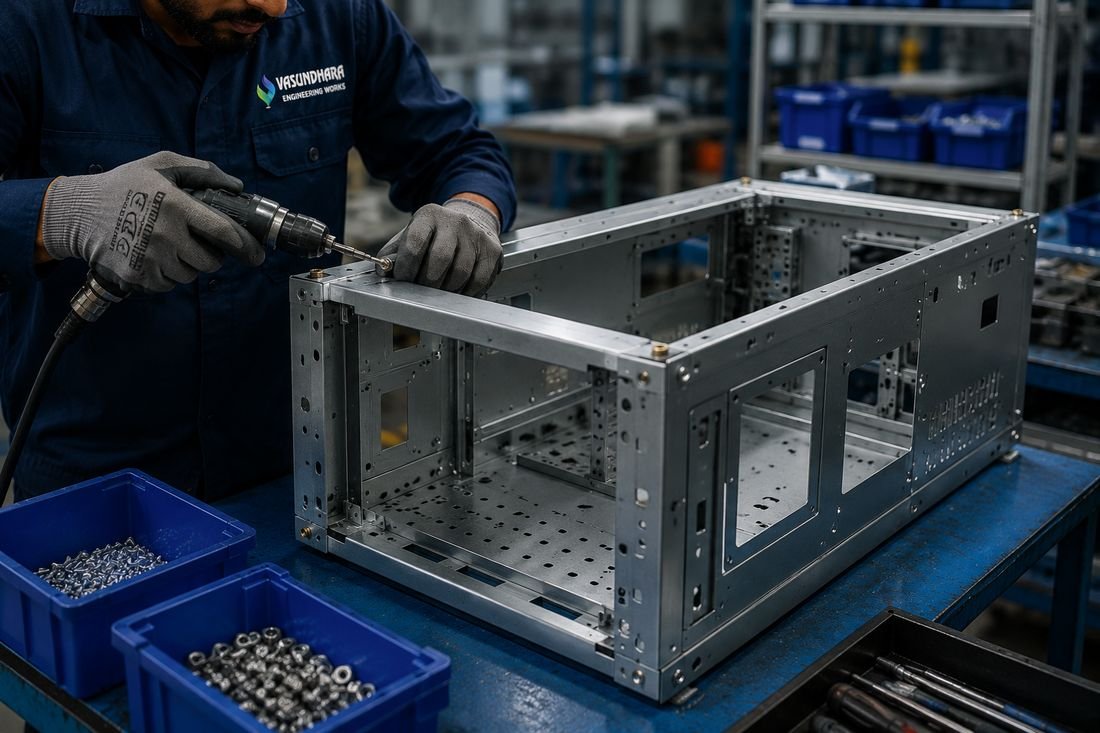 Technician assembling a sheet metal enclosure